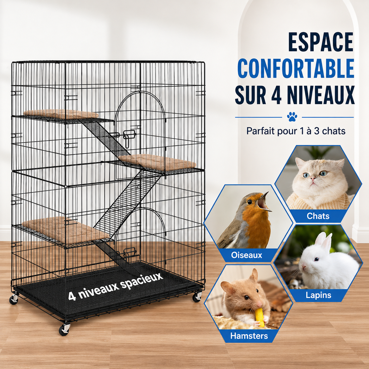 Felineau Cage Intérieure pour Chat — Volière 4 Niveaux avec Accessoires