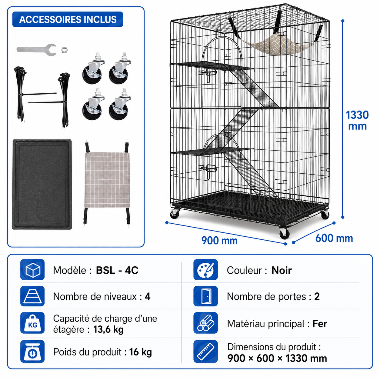 Felineau Cage Intérieure pour Chat — Volière 4 Niveaux avec Accessoires