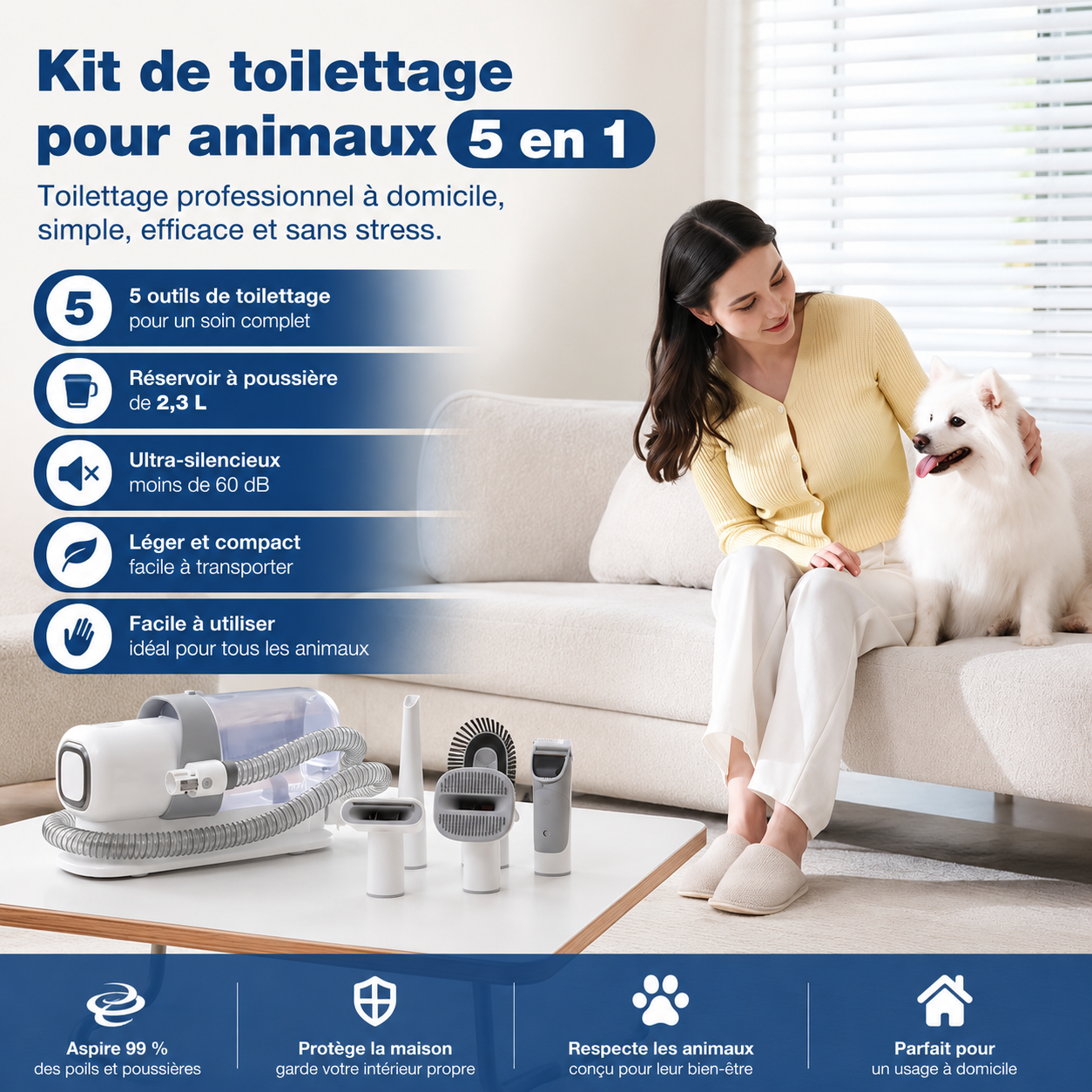Felineau Aspirateur et Tondeuse de Toilettage pour Chiens et Chats - Capacité 2,3L