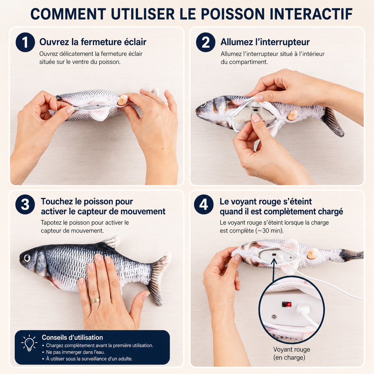 Felineau Jouet Poisson Interactif pour Chat | Poisson Frétillant Rechargeable USB
