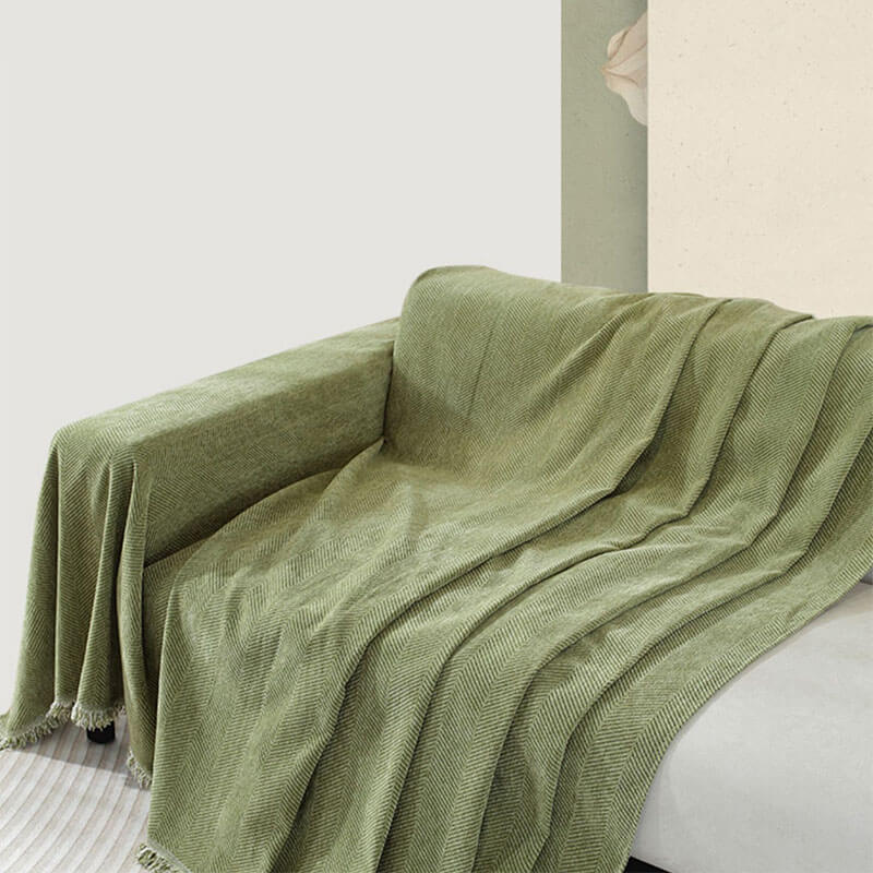 Jeté de canapé en chenille à chevrons et franges