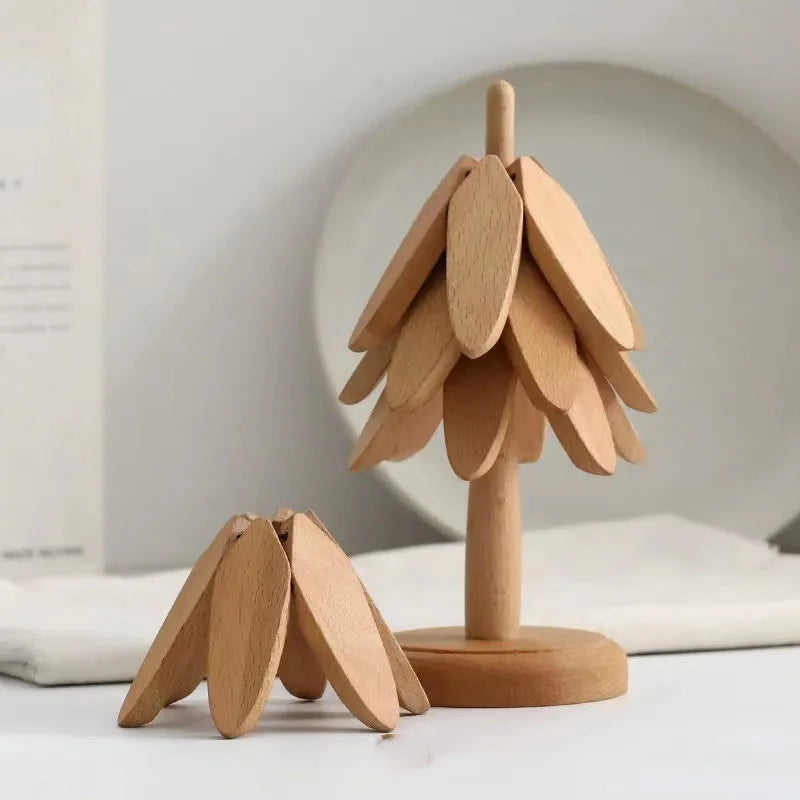 Ensemble de dessous-de-plat pliants en bois avec support arbre