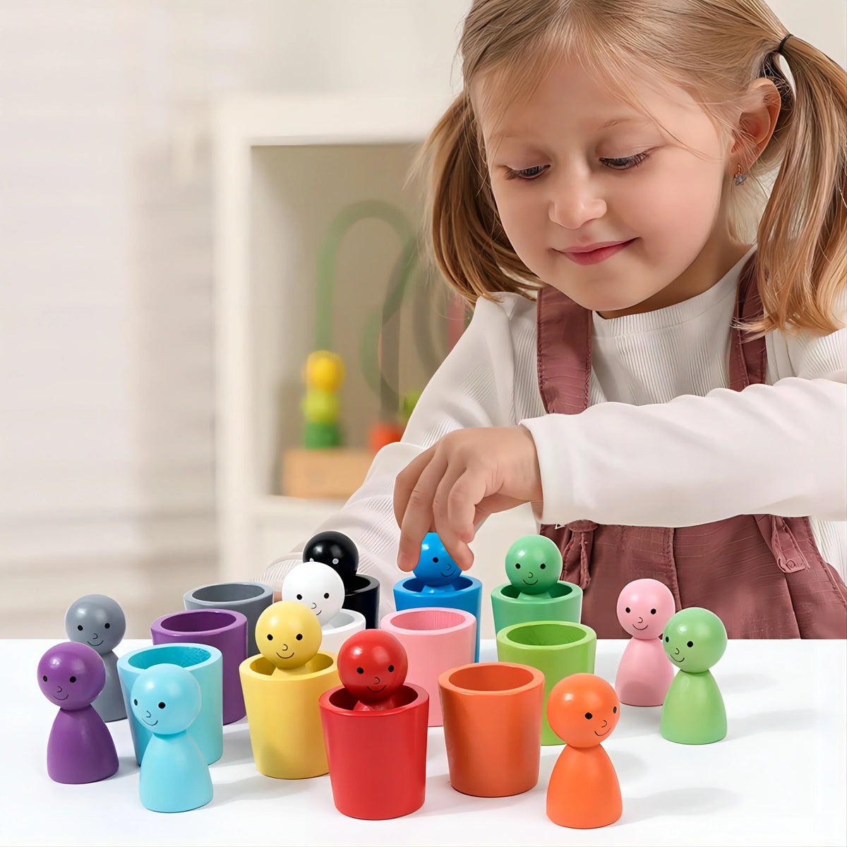 Jeu de tri en bois à 12 gobelets et 12 figurines