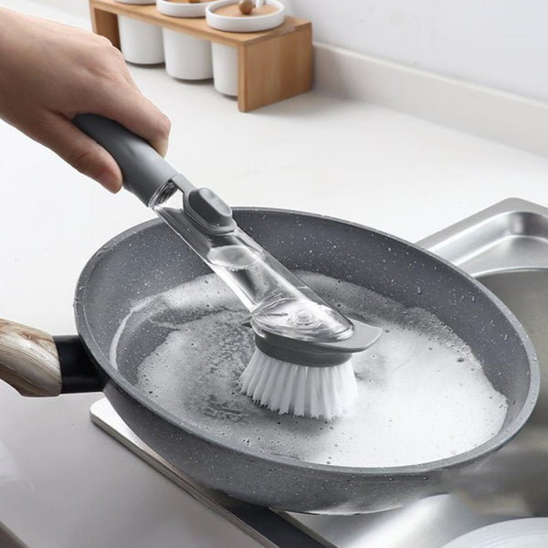 Brosse à vaisselle à long manche – Distributeur de savon rechargeable avec têtes éponge