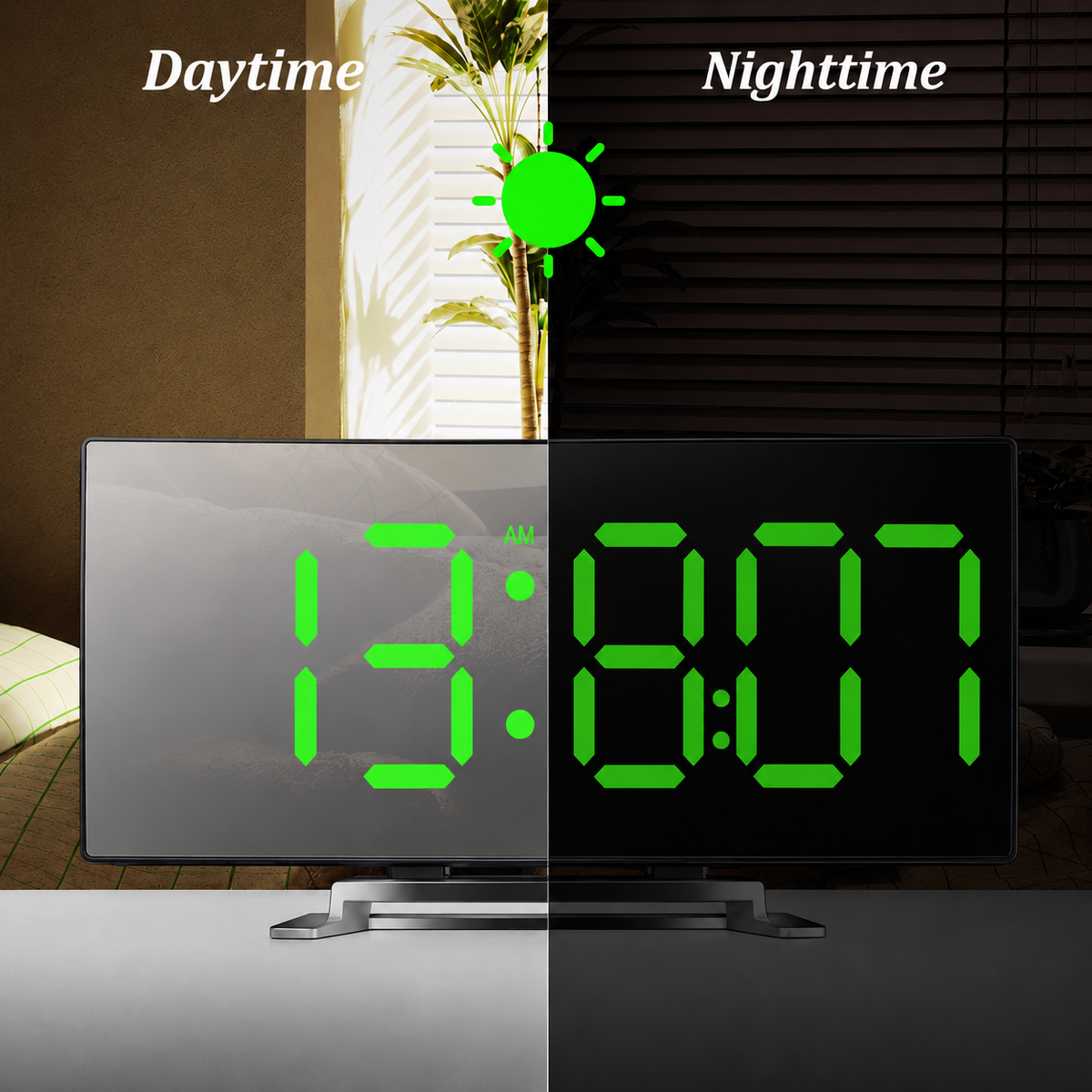 Réveil numérique LED à écran miroir et luminosité automatique