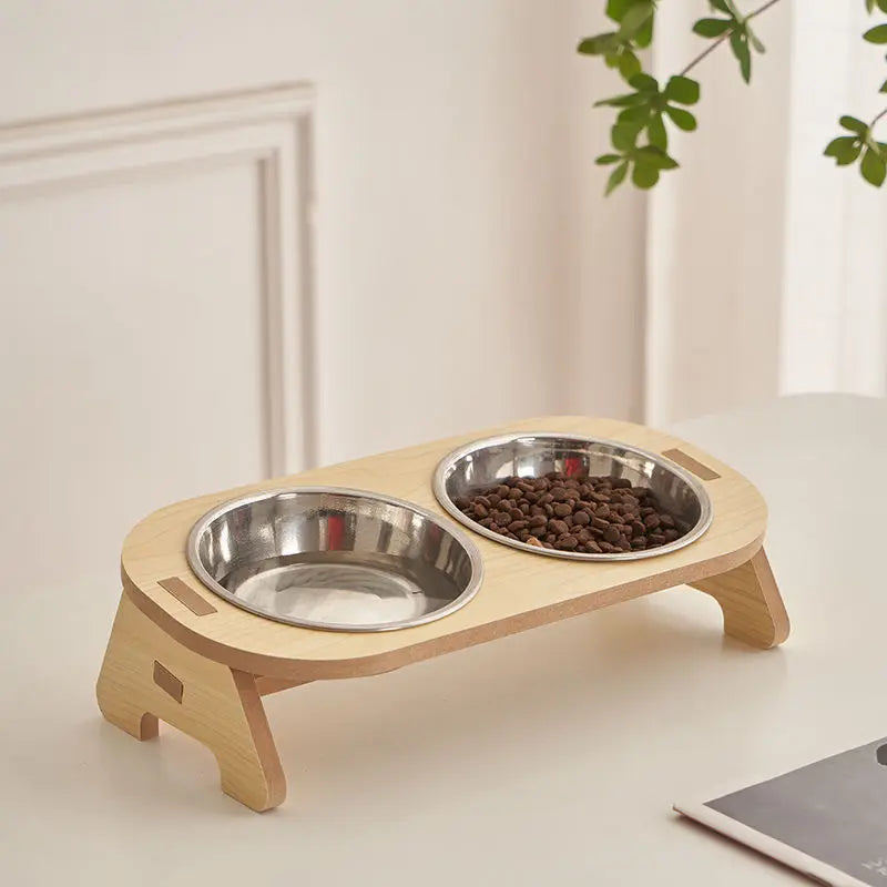 Gamelles doubles sur support en bois avec bols inox 2 × 500 ml