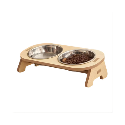 Gamelles doubles sur support en bois avec bols inox 2 × 500 ml