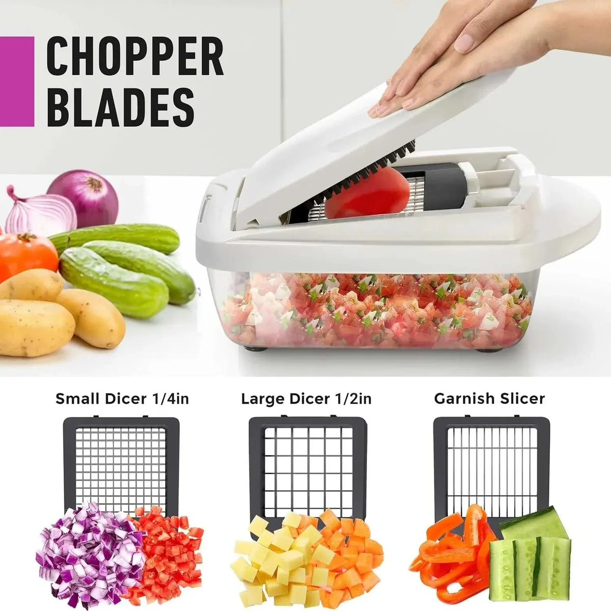 Coupe-légumes multifonction avec bac et lames inox