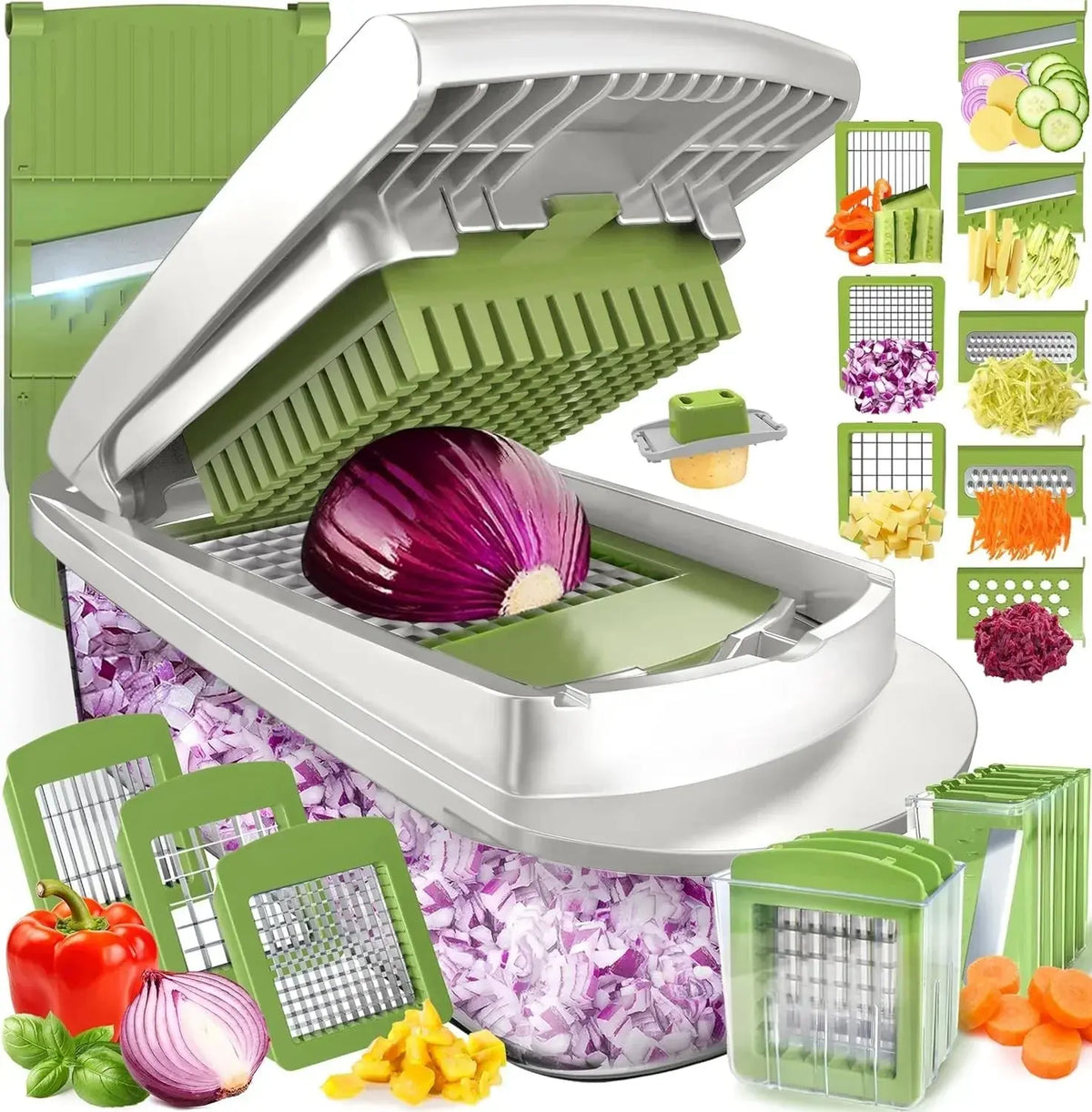 Coupe-légumes multifonction avec bac et lames inox