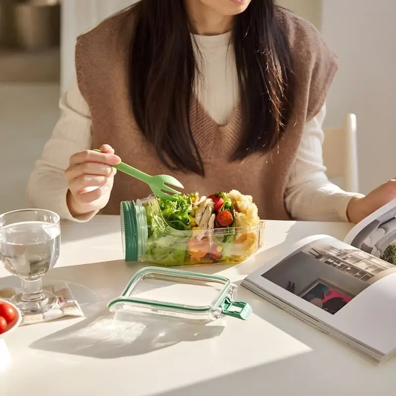 Boîte à salade en verre à ouverture latérale et compartiment sauce