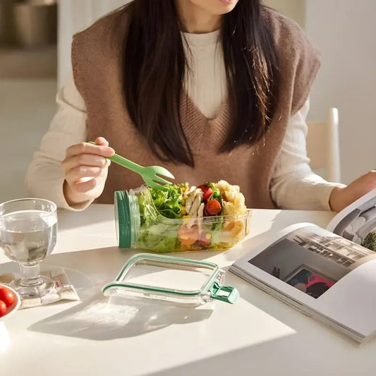 Boîte à salade en verre à ouverture latérale et compartiment sauce