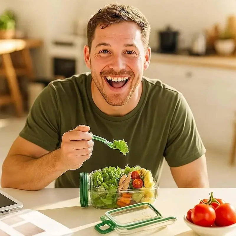 Boîte à salade en verre à ouverture latérale et compartiment sauce