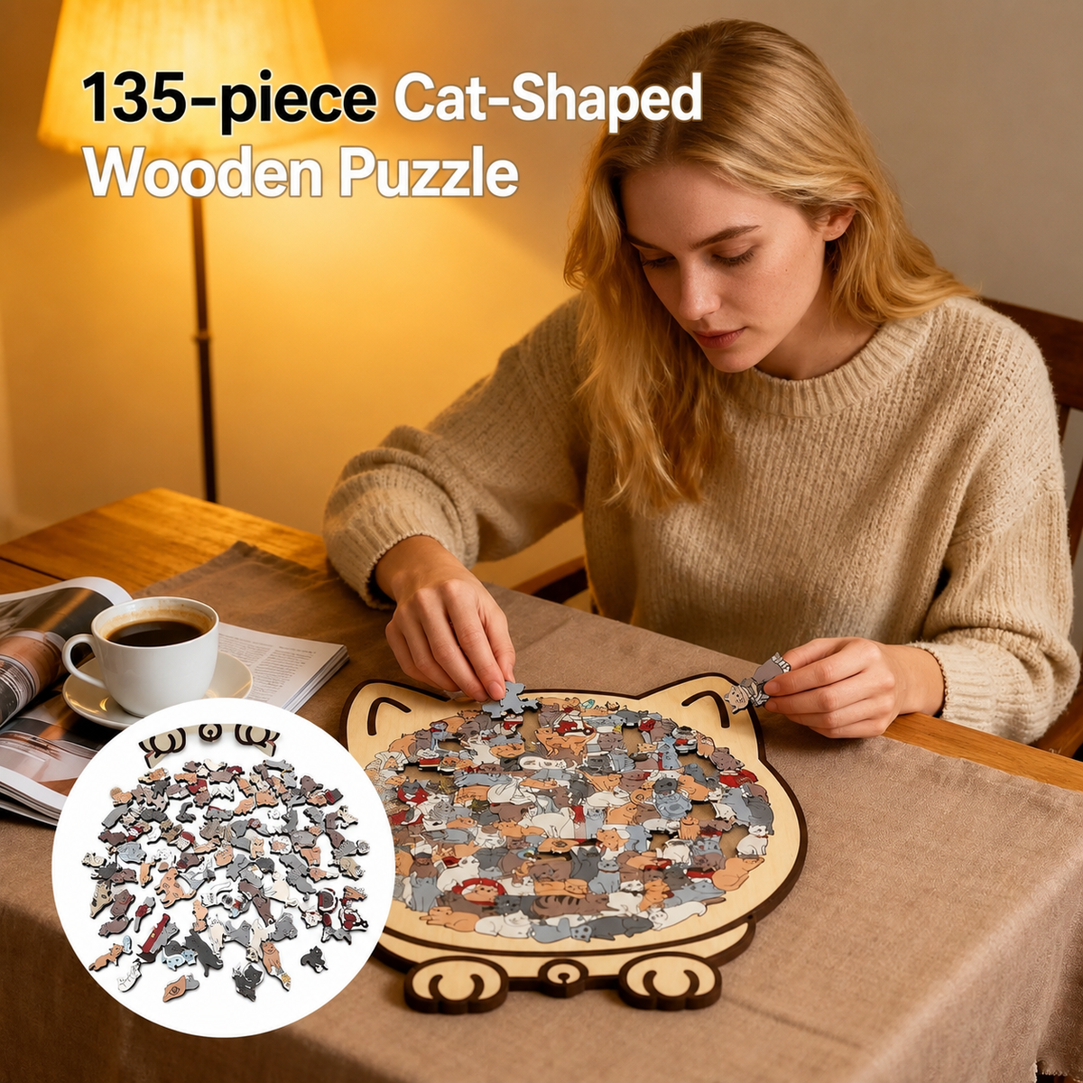 Puzzle chat en bois à couleurs douces – 135 pièces