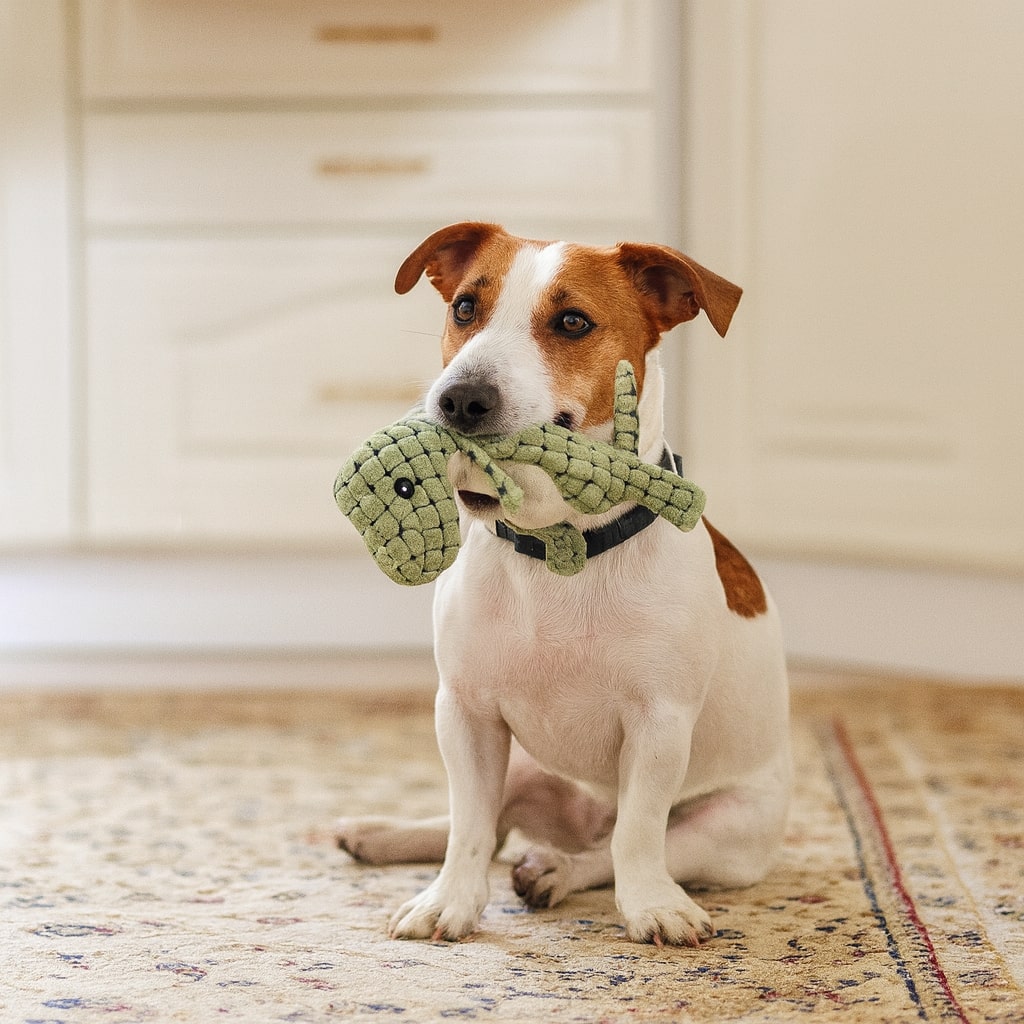 Jouet dinosaure pour chien avec couineur