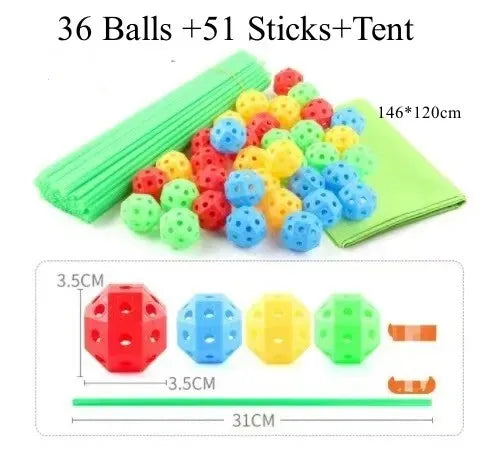 Kit de construction de cabanes avec tiges et boules
