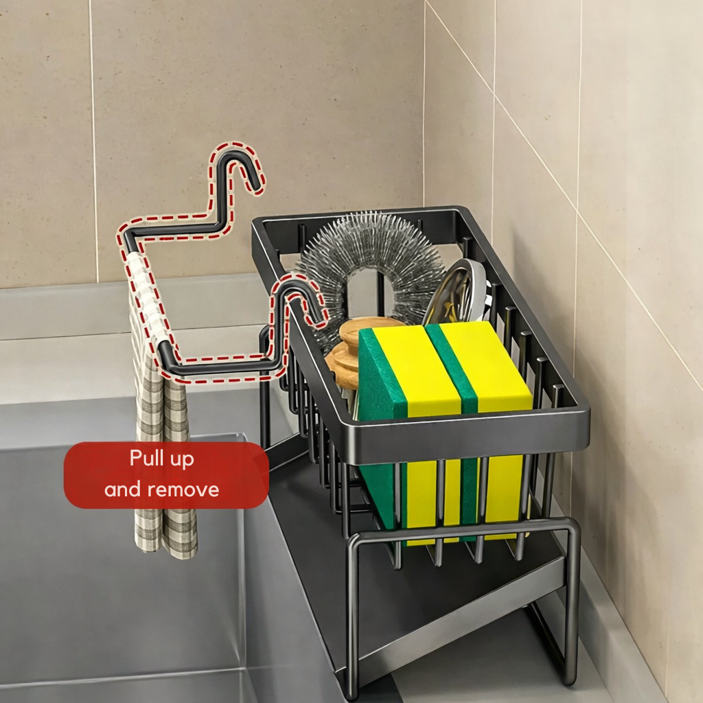 Rangement d’évier en acier inoxydable avec porte-serviette