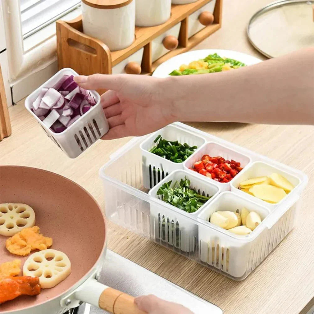 Boîte de rangement pour réfrigérateur à 6 compartiments et égouttoir