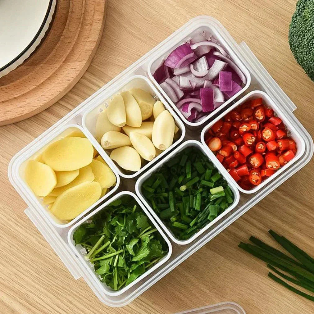 Boîte de rangement pour réfrigérateur à 6 compartiments et égouttoir