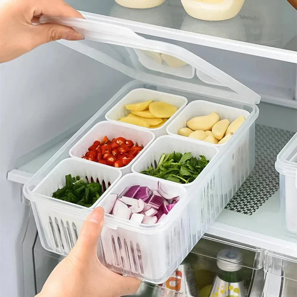 Boîte de rangement pour réfrigérateur à 6 compartiments et égouttoir