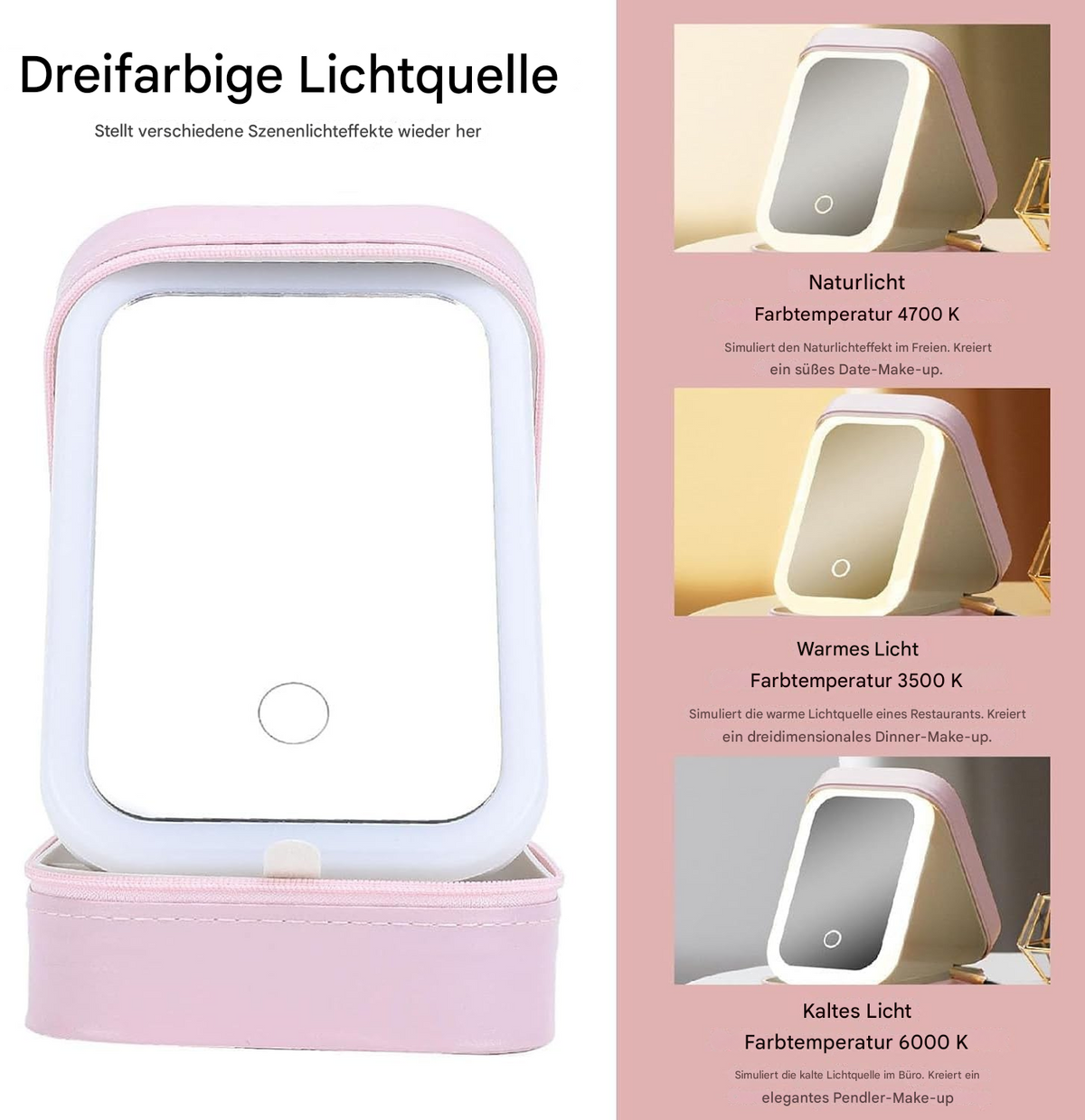 Boîte à maquillage avec miroir LED rechargeable à 3 éclairages