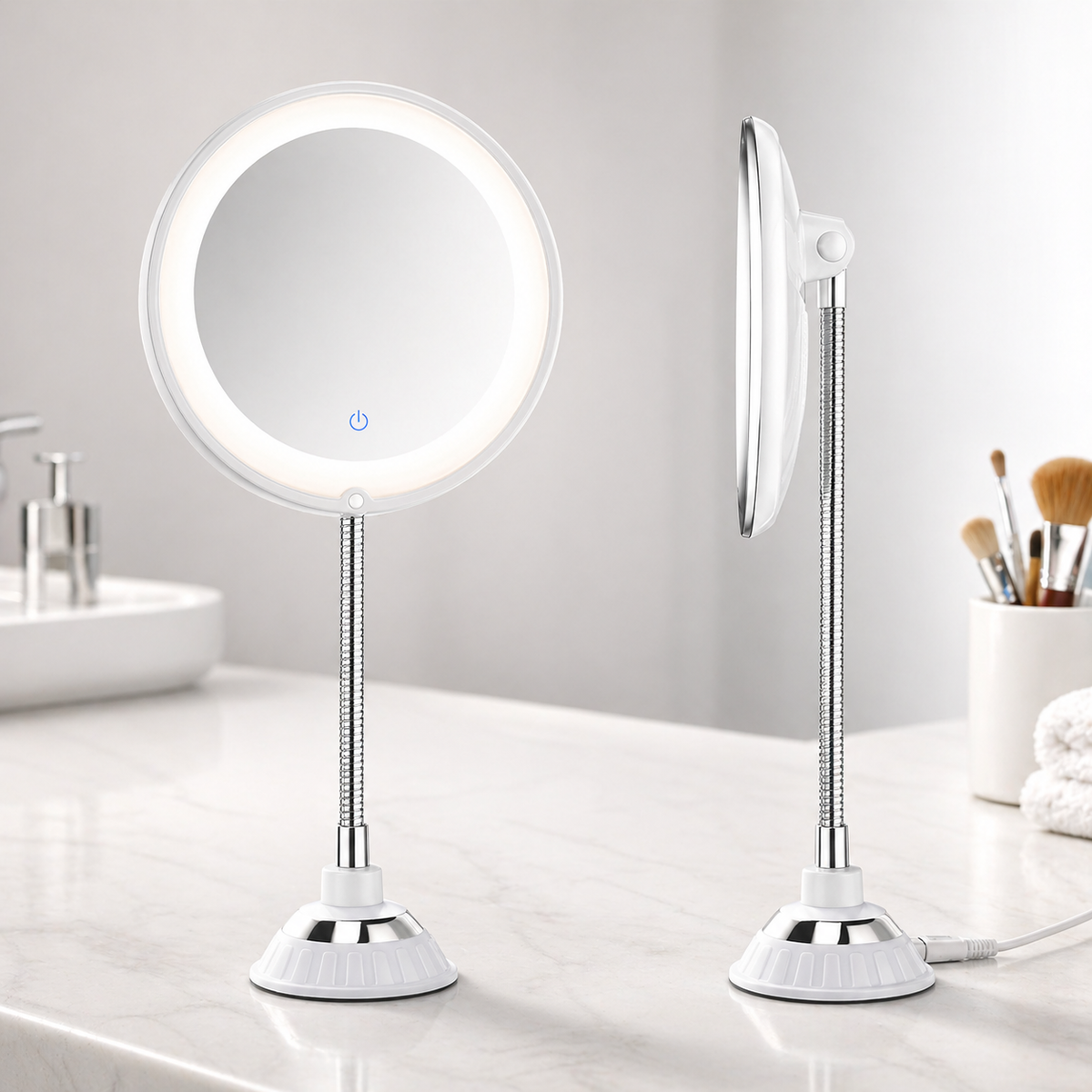 Miroir grossissant LED 10x avec bras orientable et ventouse