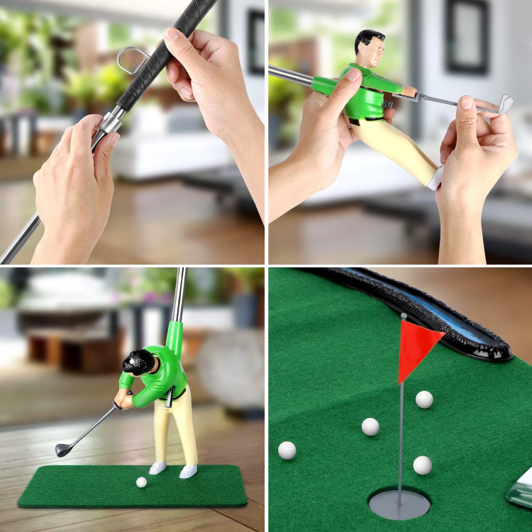 Ensemble de mini-golf intérieur avec petit golfeur au manche