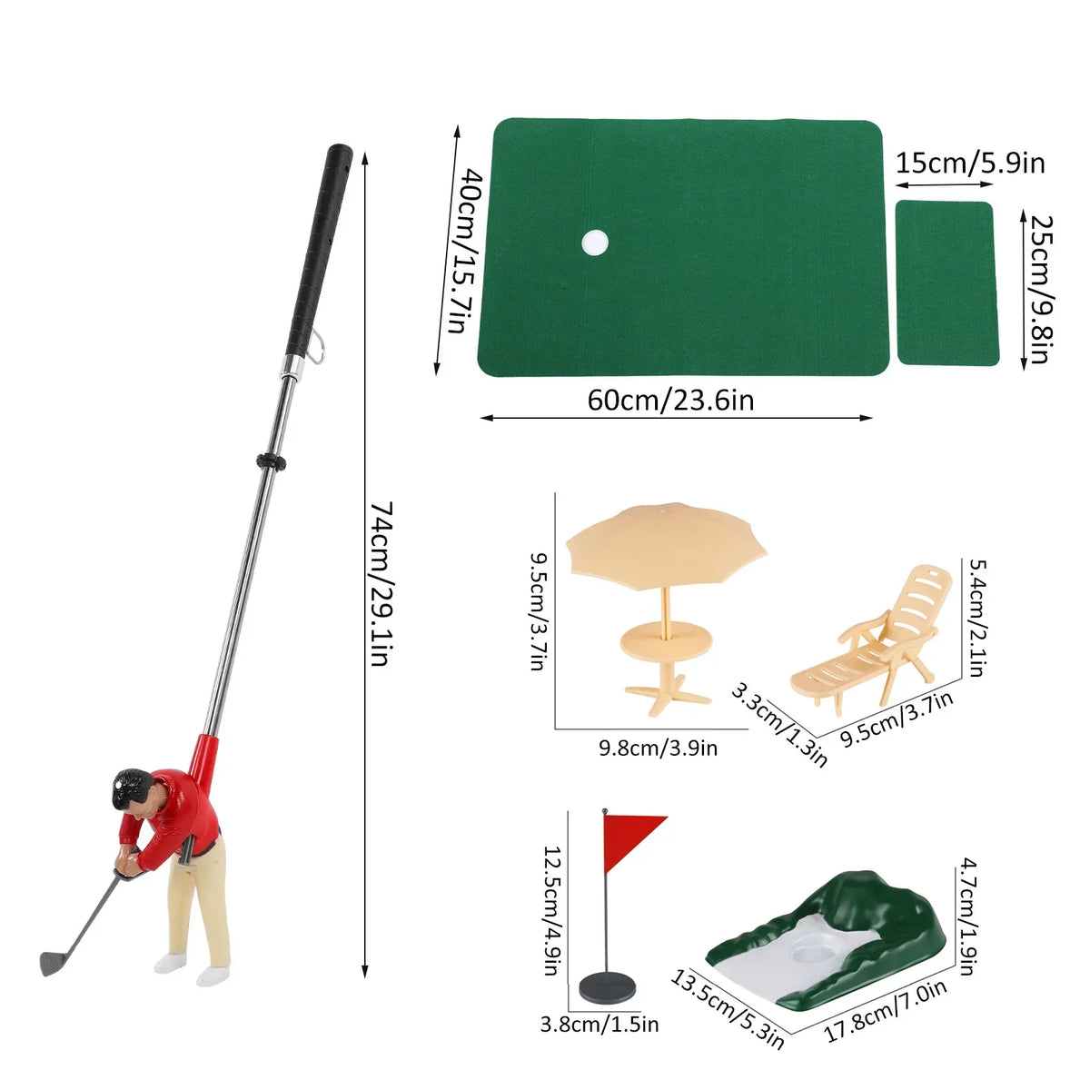 Ensemble de mini-golf intérieur avec petit golfeur au manche