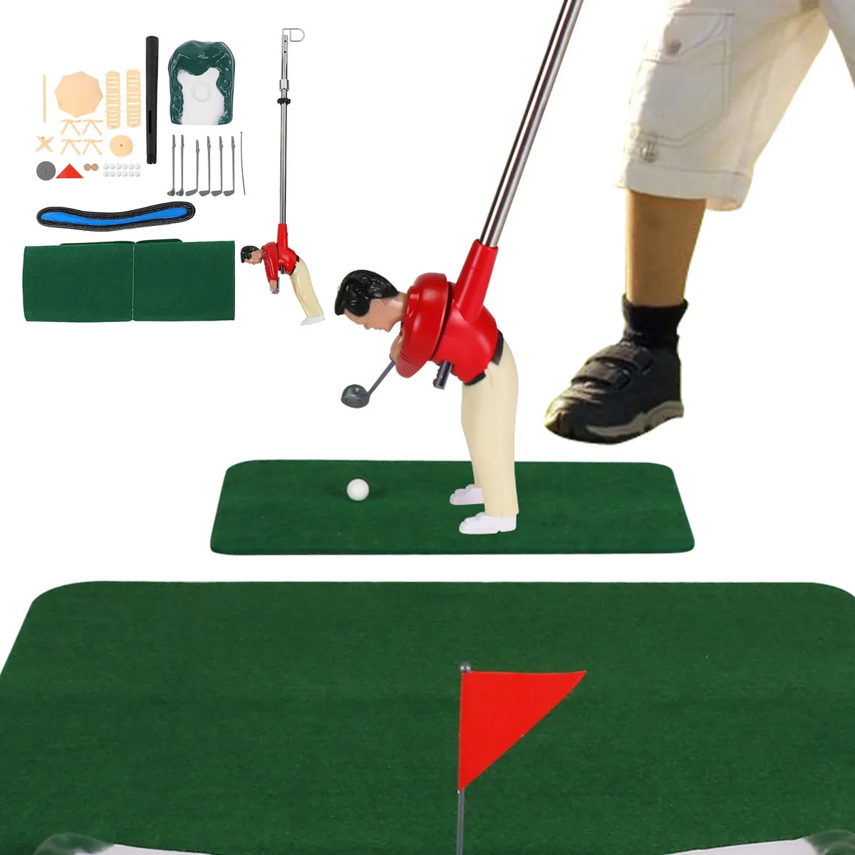 Ensemble de mini-golf intérieur avec petit golfeur au manche