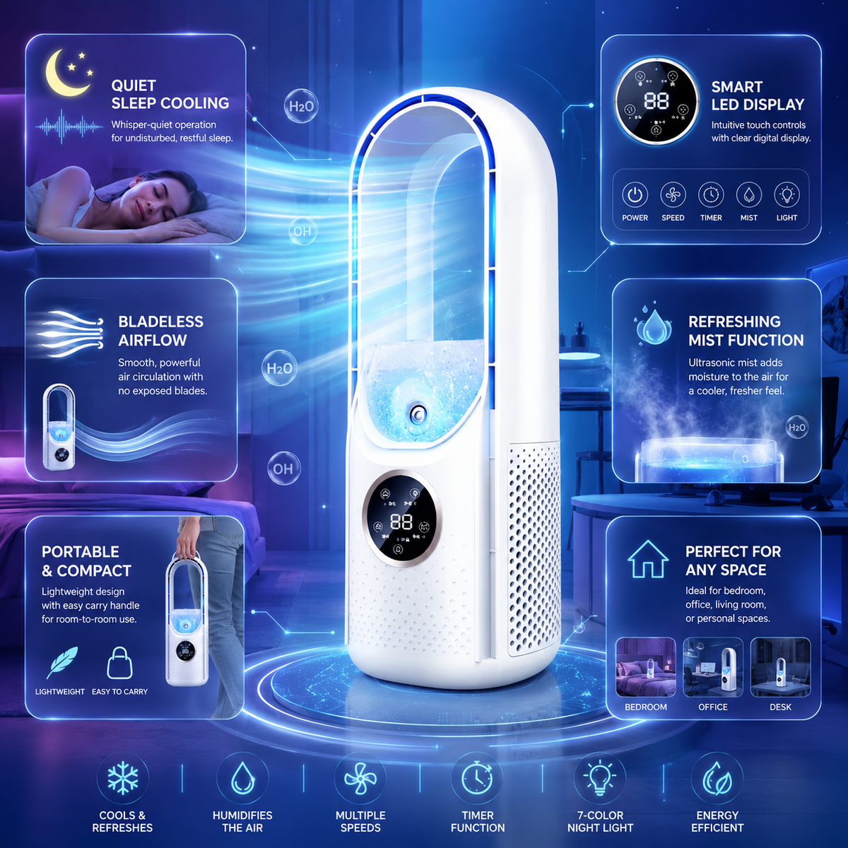 Ventilateur tour compact sans pales apparentes avec minuterie
