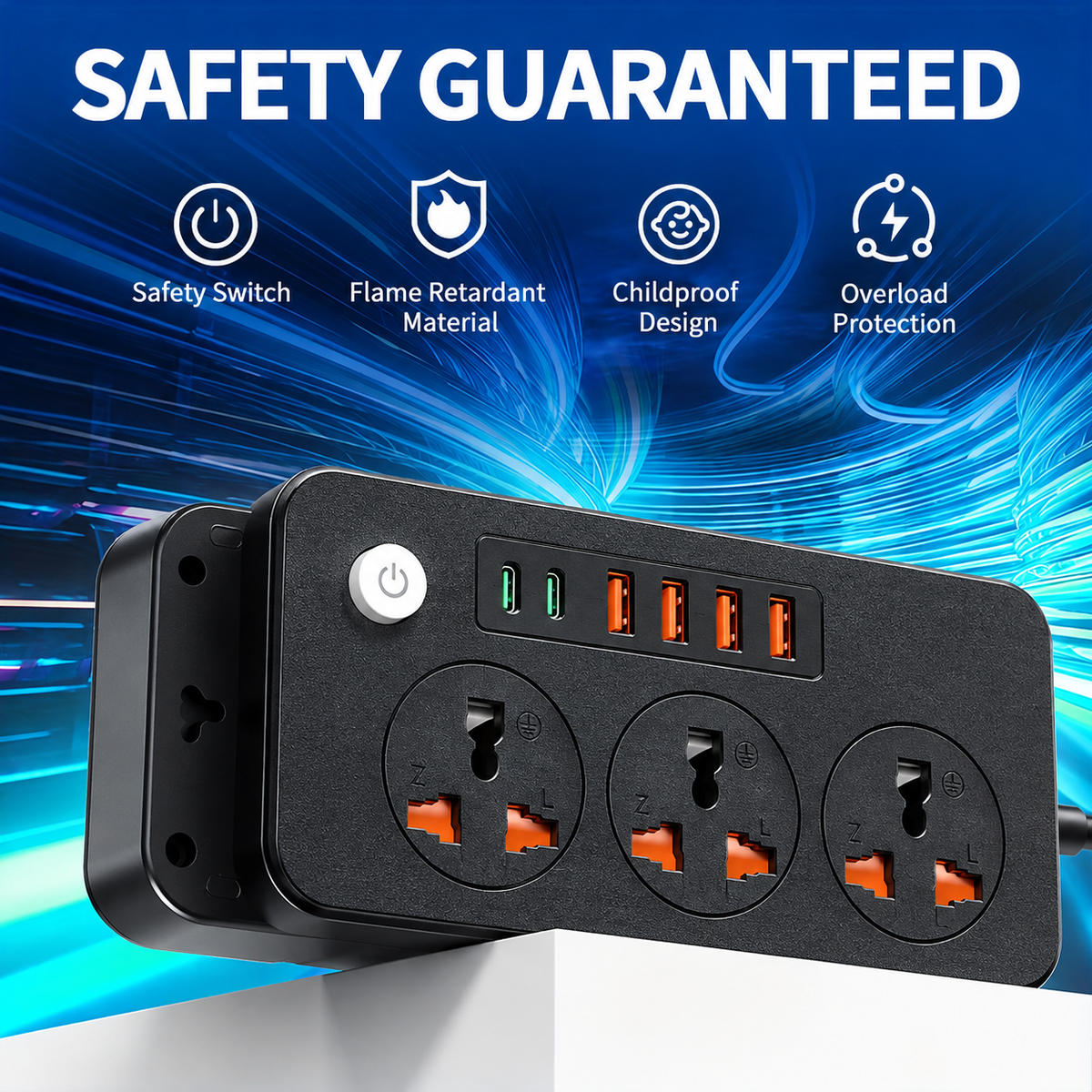 Multiprise britannique avec trois prises secteur et six ports USB, 2 m
