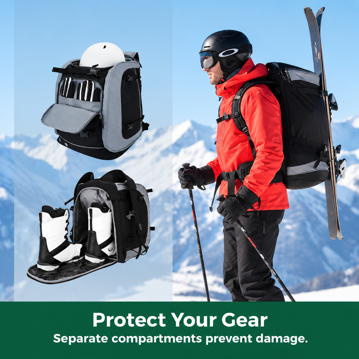 Sac à dos de ski 65 L avec compartiment pour chaussures