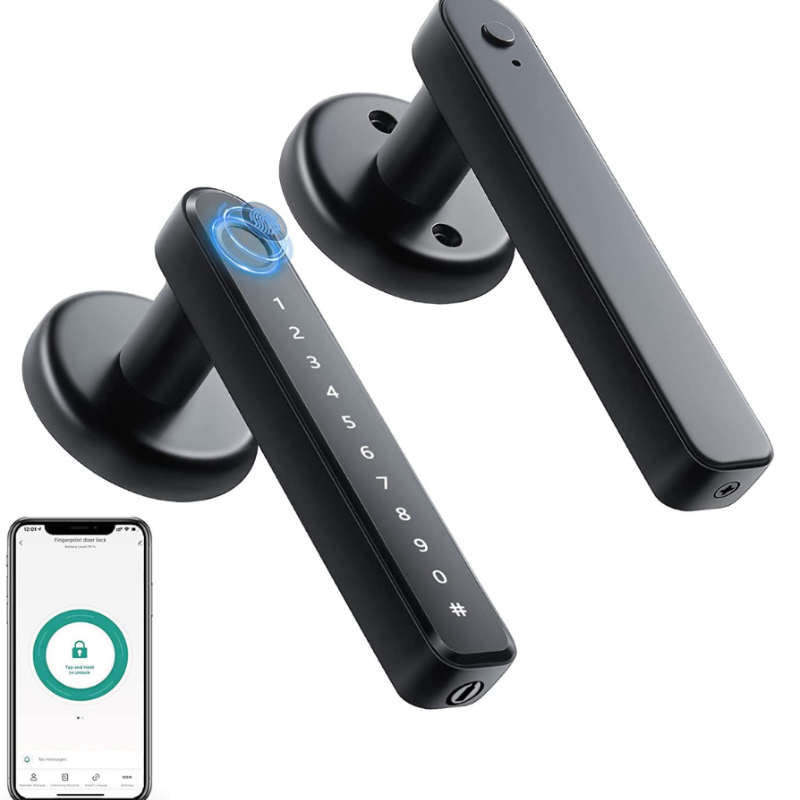 Poignée de porte connectée à empreinte, code et application