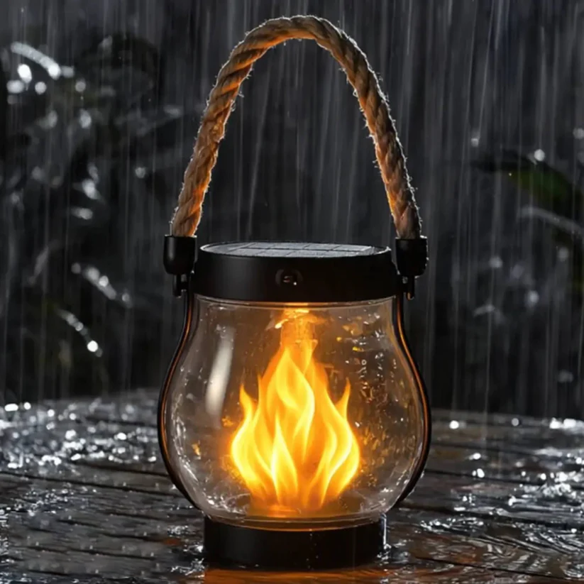 Lanterne solaire à LED effet flamme avec recharge USB-C