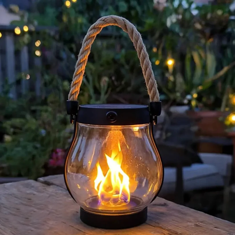 Lanterne solaire à LED effet flamme avec recharge USB-C