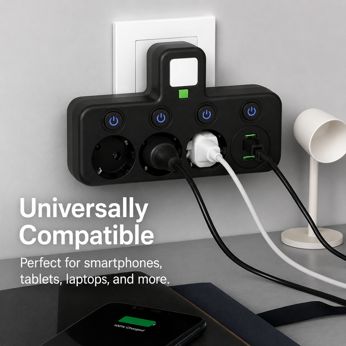 Multiprise 3 prises avec 2 ports USB et USB-C, puissance 2500 W