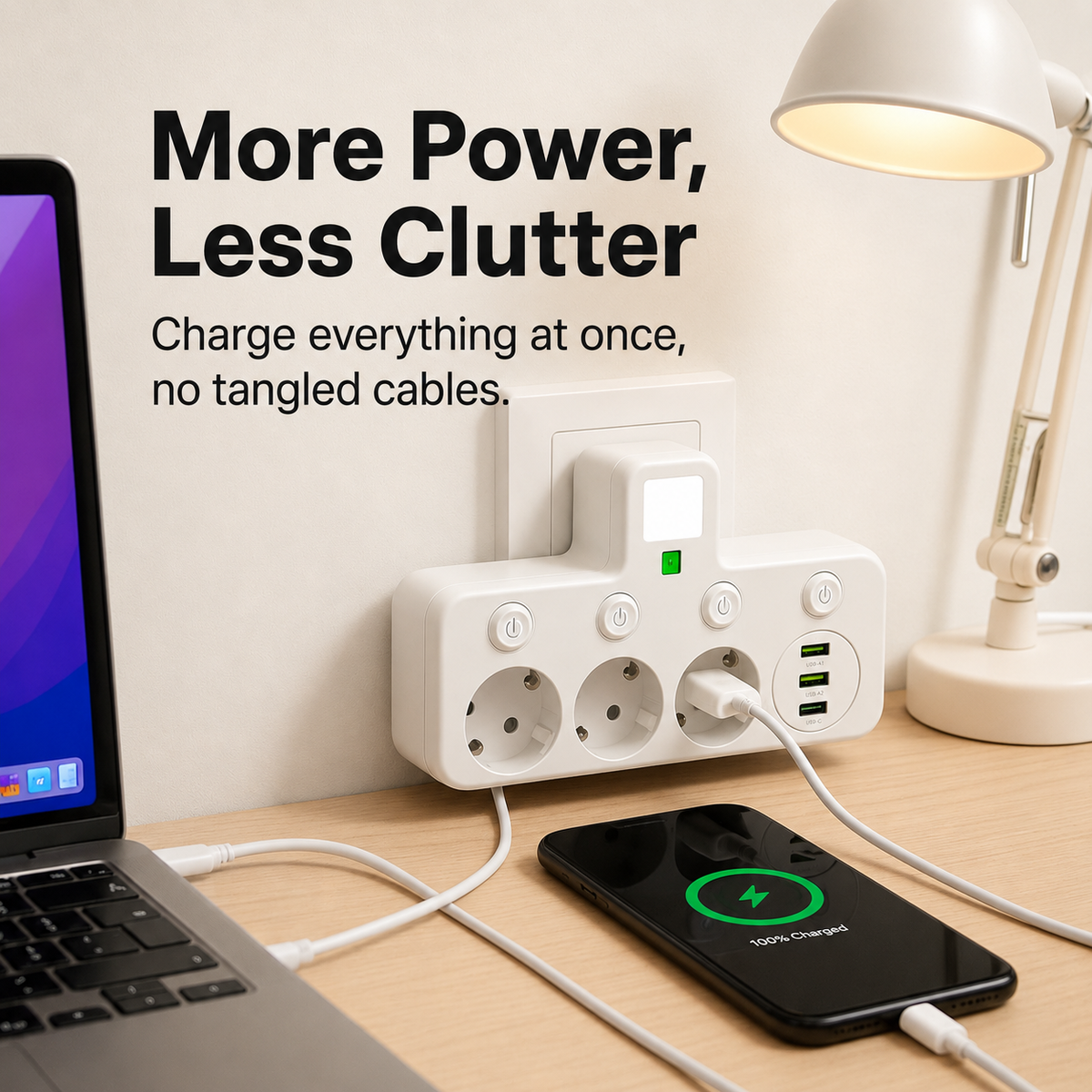 Multiprise 3 prises avec 2 ports USB et USB-C, puissance 2500 W