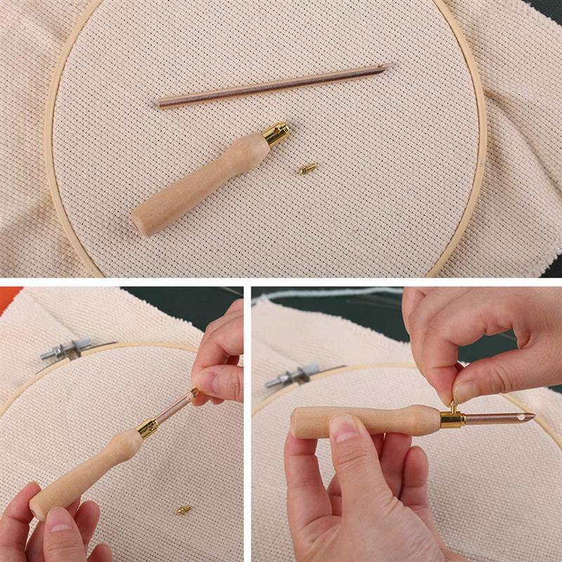 Outil de broderie à manche en bois et aiguilles interchangeables