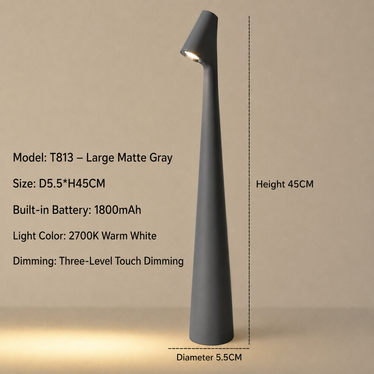 Lampe de table LED rechargeable à variation tactile 3 niveaux