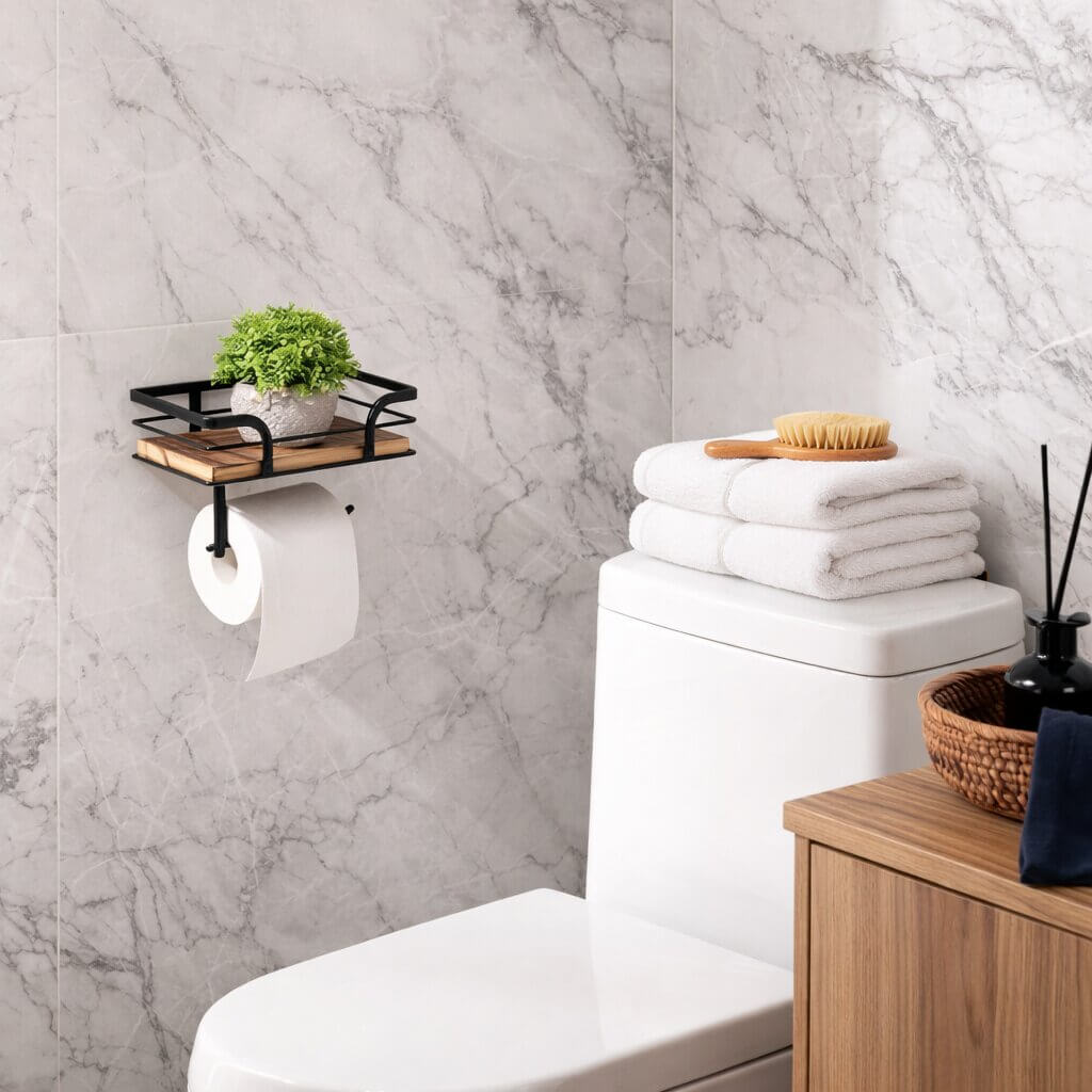 Dérouleur de papier toilette mural avec tablette supérieure