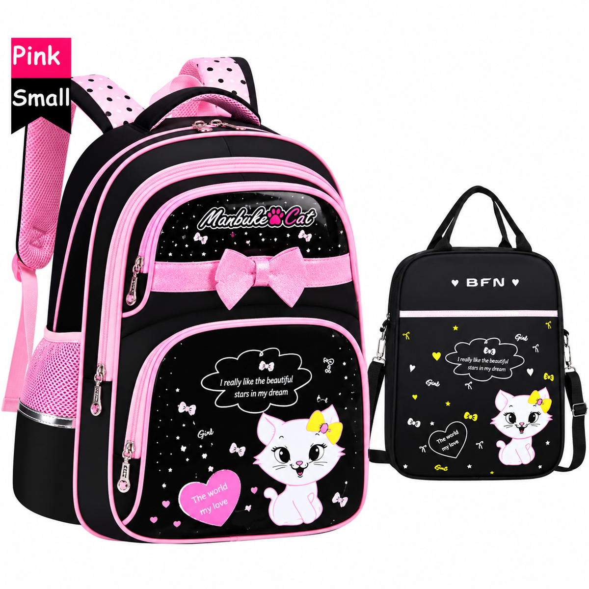 Ensemble sac à dos enfant, sac repas et trousse à motif chat