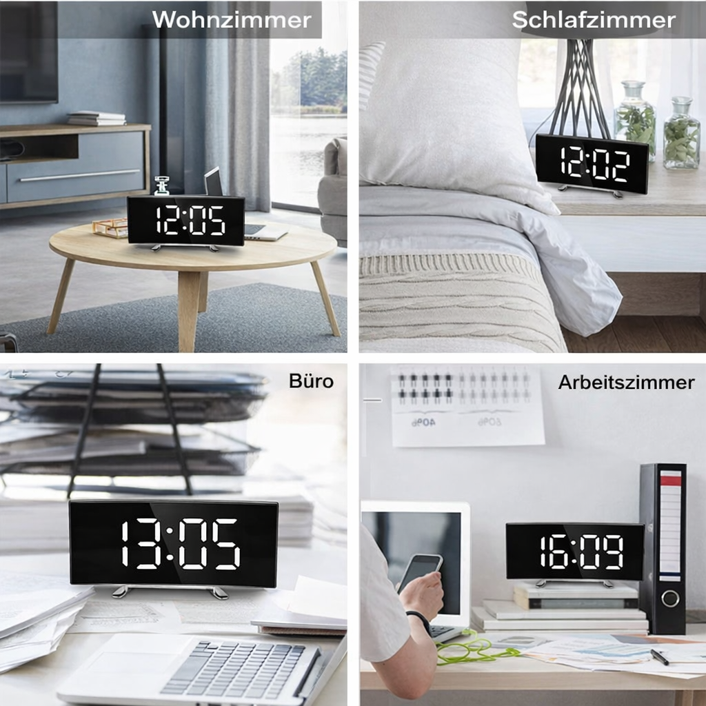 Réveil LED à façade miroir incurvée et luminosité automatique