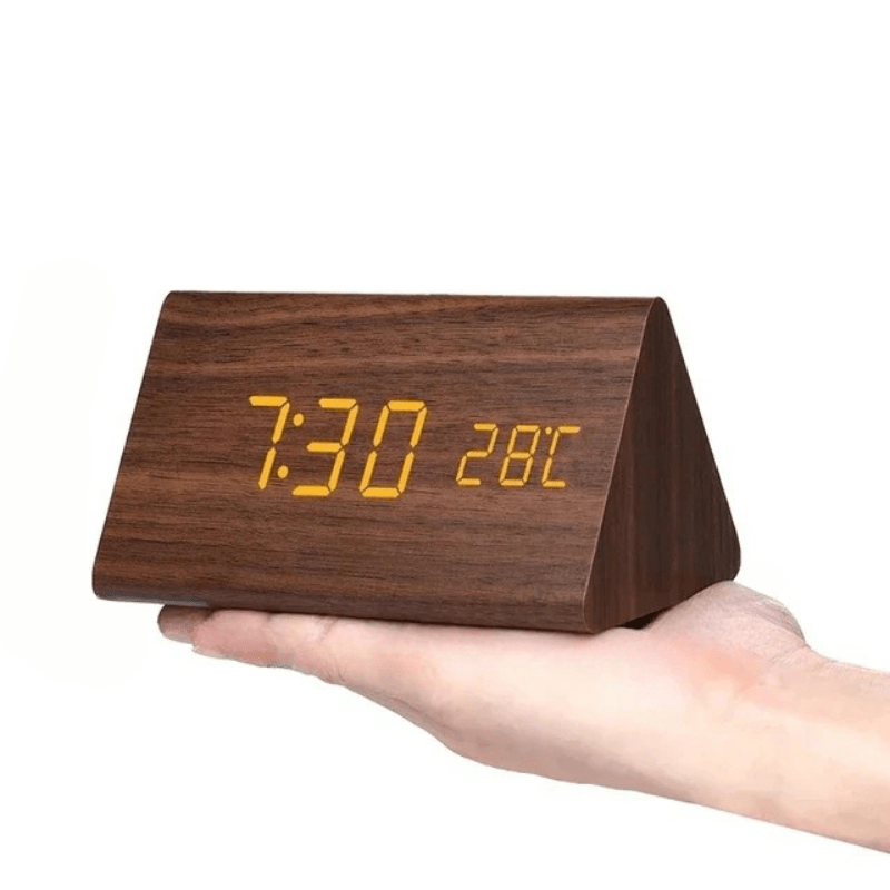Réveil LED à effet bois avec date et température