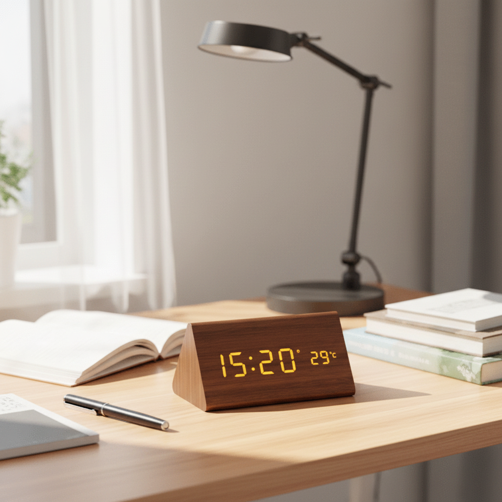 Réveil LED à effet bois avec date et température