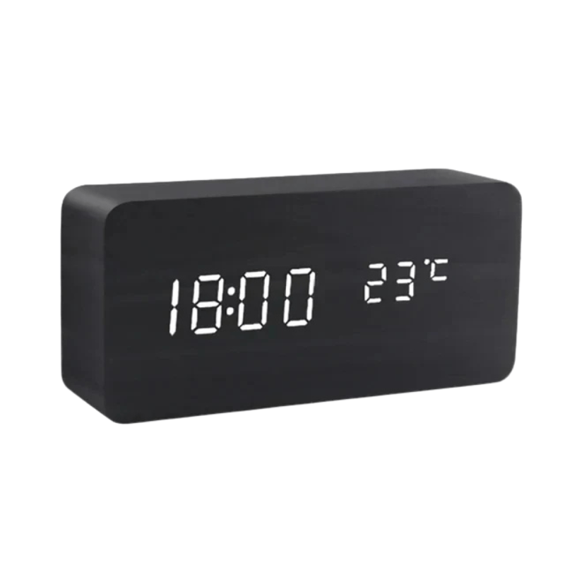 Réveil LED à effet bois avec date et température
