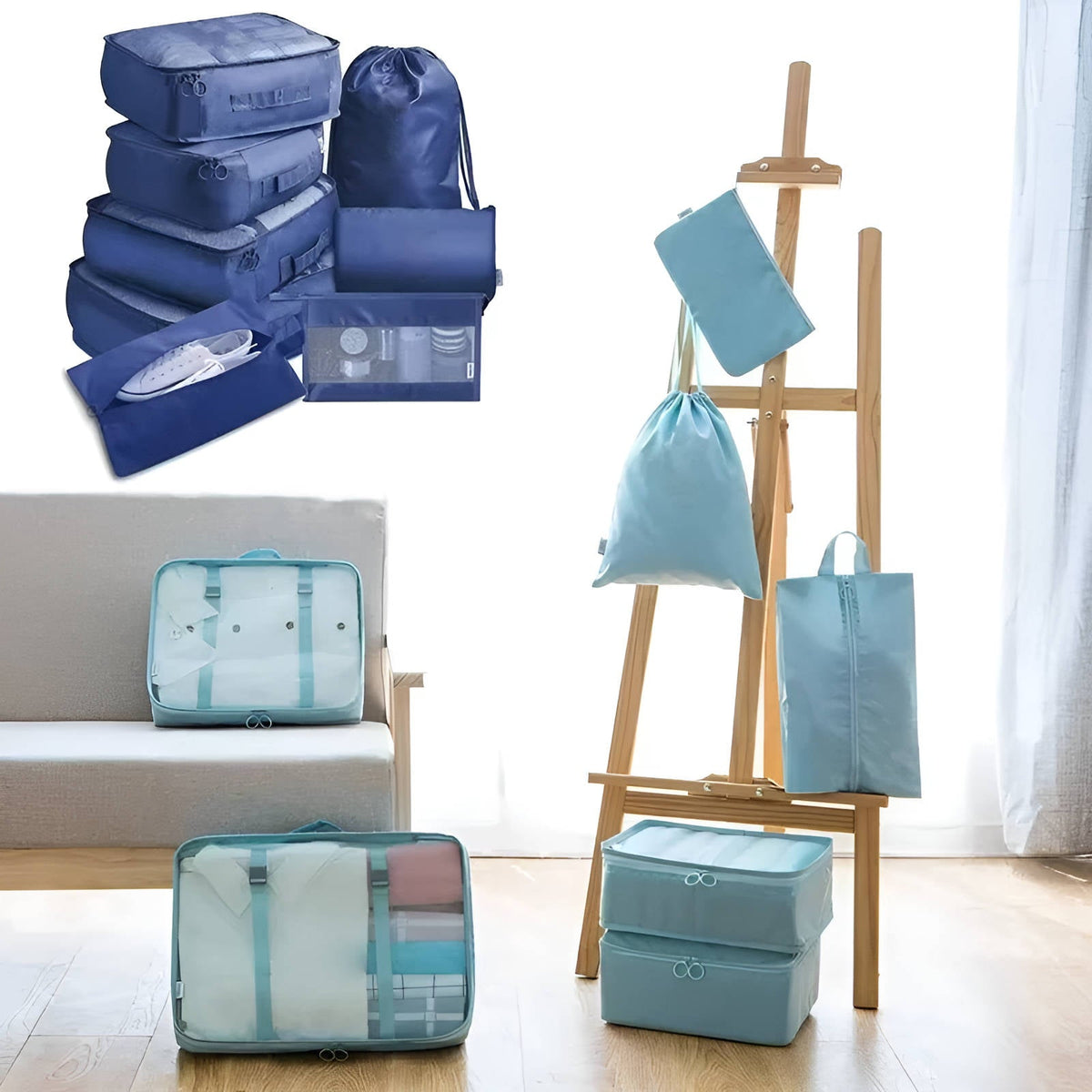 Lot de 7 sacs de rangement de valise avec pochettes chaussures et toilette