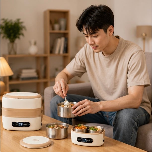 Boîte repas chauffante à compartiments inox et commande numérique