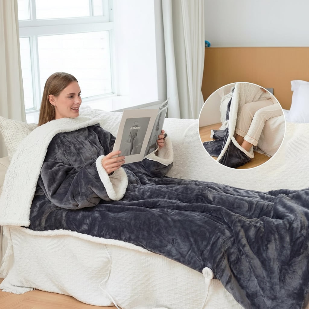 Couverture chauffante à manches et poche pour les pieds