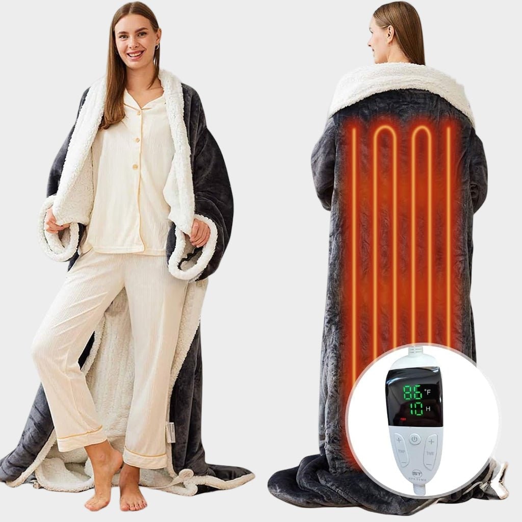 Couverture chauffante à manches et poche pour les pieds