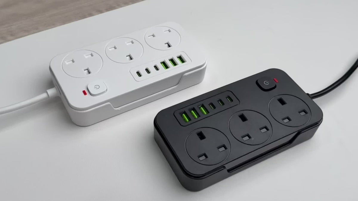 Multiprise britannique avec trois prises secteur et six ports USB, 2 m