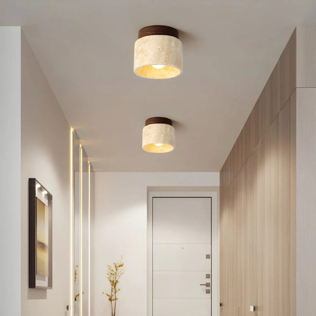 Plafonnier LED en travertin avec base en bois